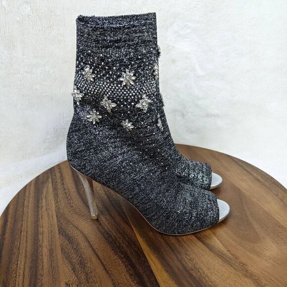 Badgley Mischka Viva Peep Toe Sock Bootie Heels Women’s Size 6.5 Black Silver - Picture 6 of 15